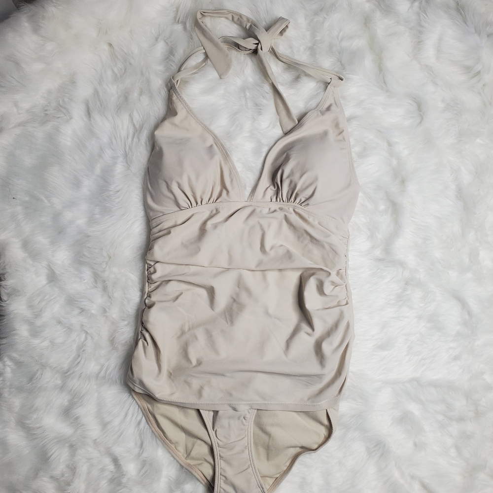 ♤ Gloria Vanderbilt Halter Neck Beige One Piece Swim Suit with Overlay Size 12